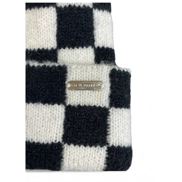 Steve Madden Checkerboard Knit Beanie with Faux Fur Pom Black & White - Picture 2 of 4